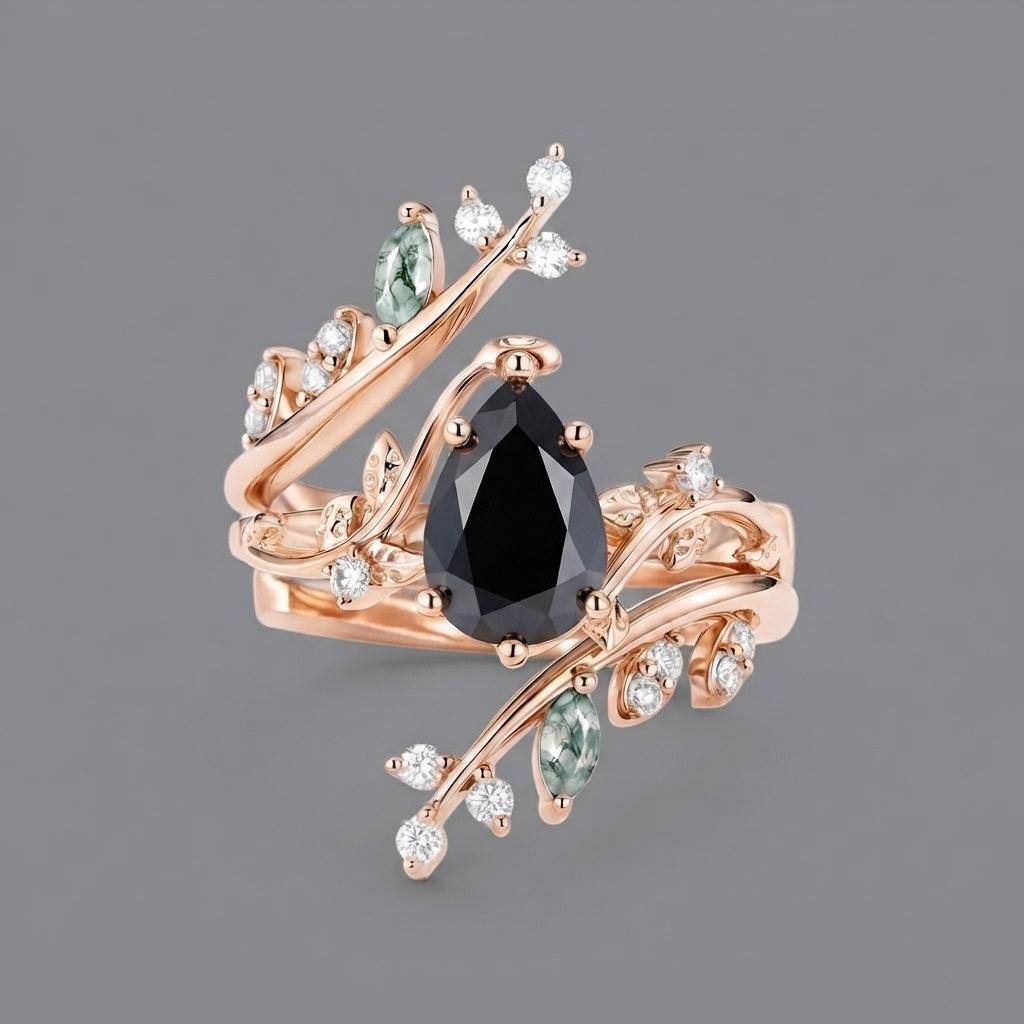 2 Carat Nature Inspired Black Pear Cut Diamond Cage Leafy Ring With Set