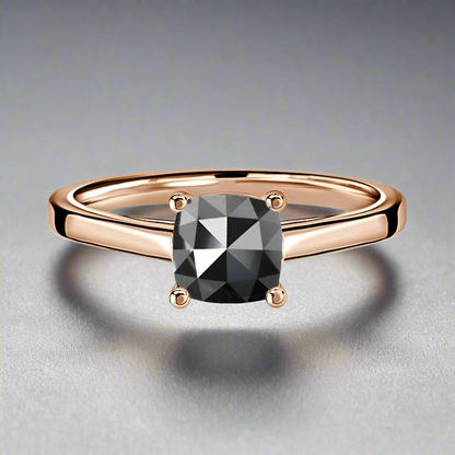 14k Rose Gold Solitaire Cushion Rose Cut Natural Black Diamond Ring