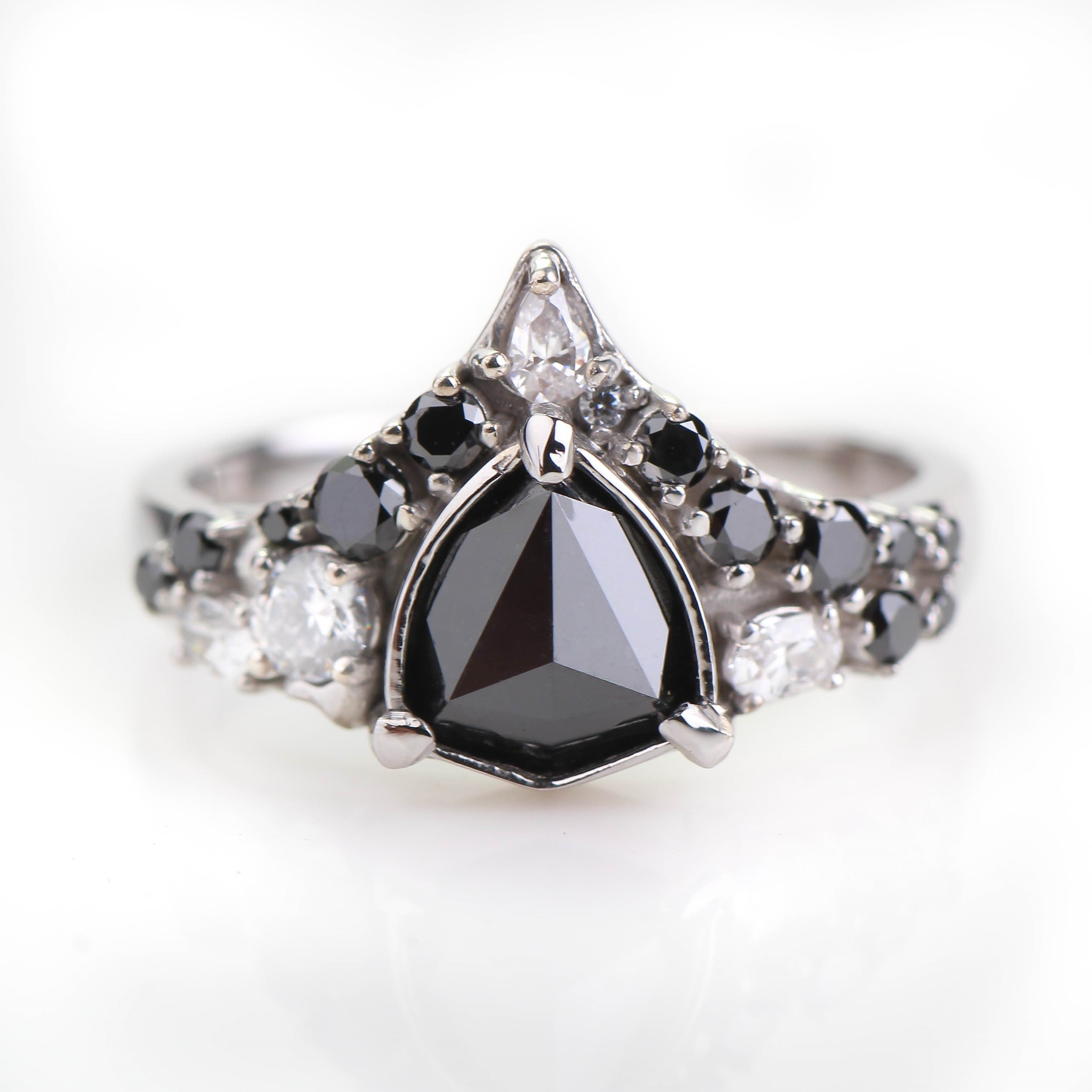 2 Carat Shield Black Diamond Pave Ring 14K White Gold