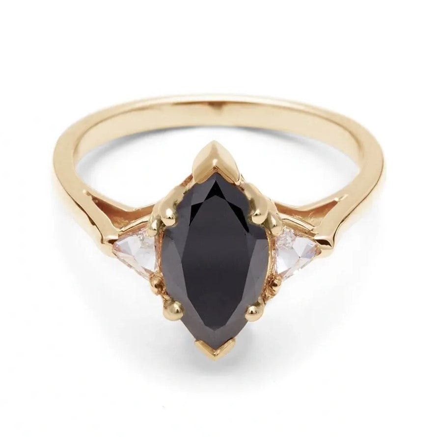 Trillion Three Stone Marquise Black Diamond Ring 14K Rose Gold - Blackdiamond