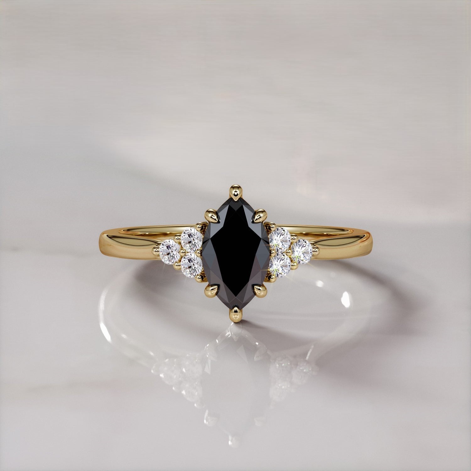 2.50 Carat Marquise Black Diamond Engagement Ring Trio Pave 14K Solid Gold