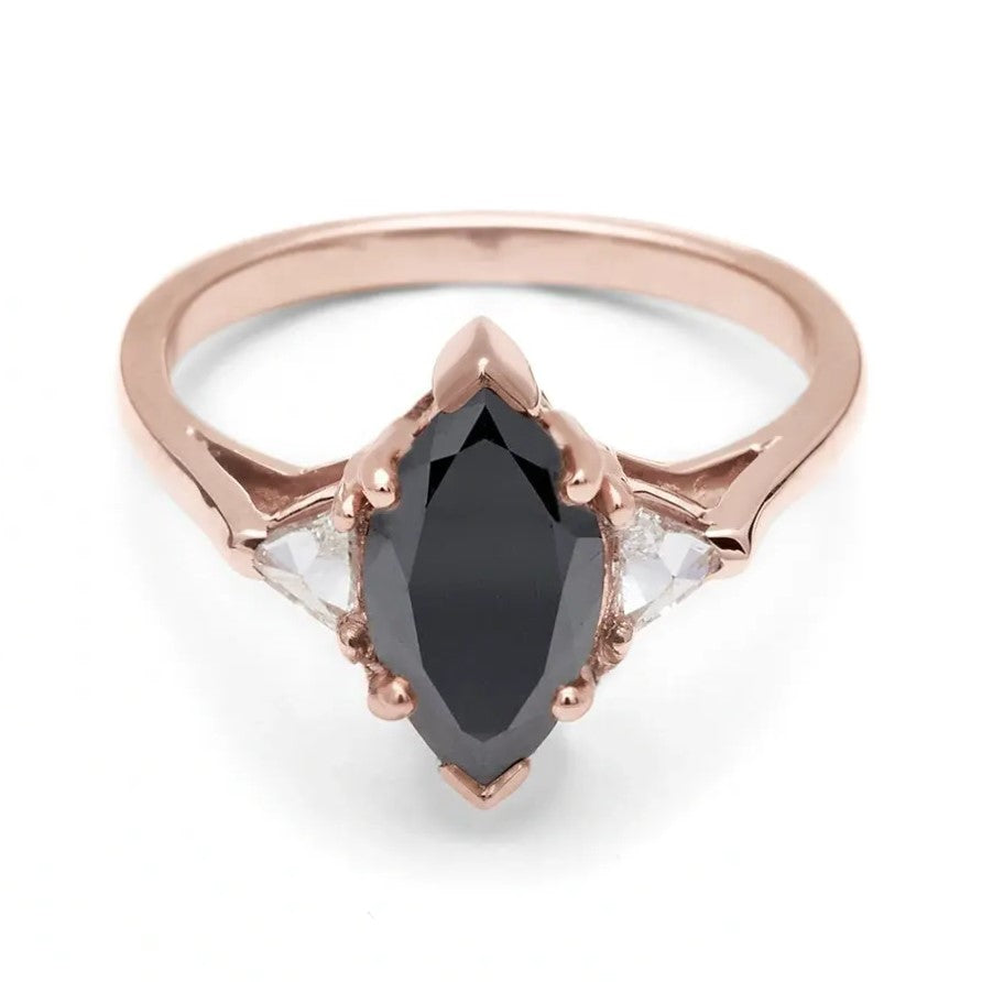 Trillion Three Stone Marquise Black Diamond Ring 14K Rose Gold - Blackdiamond