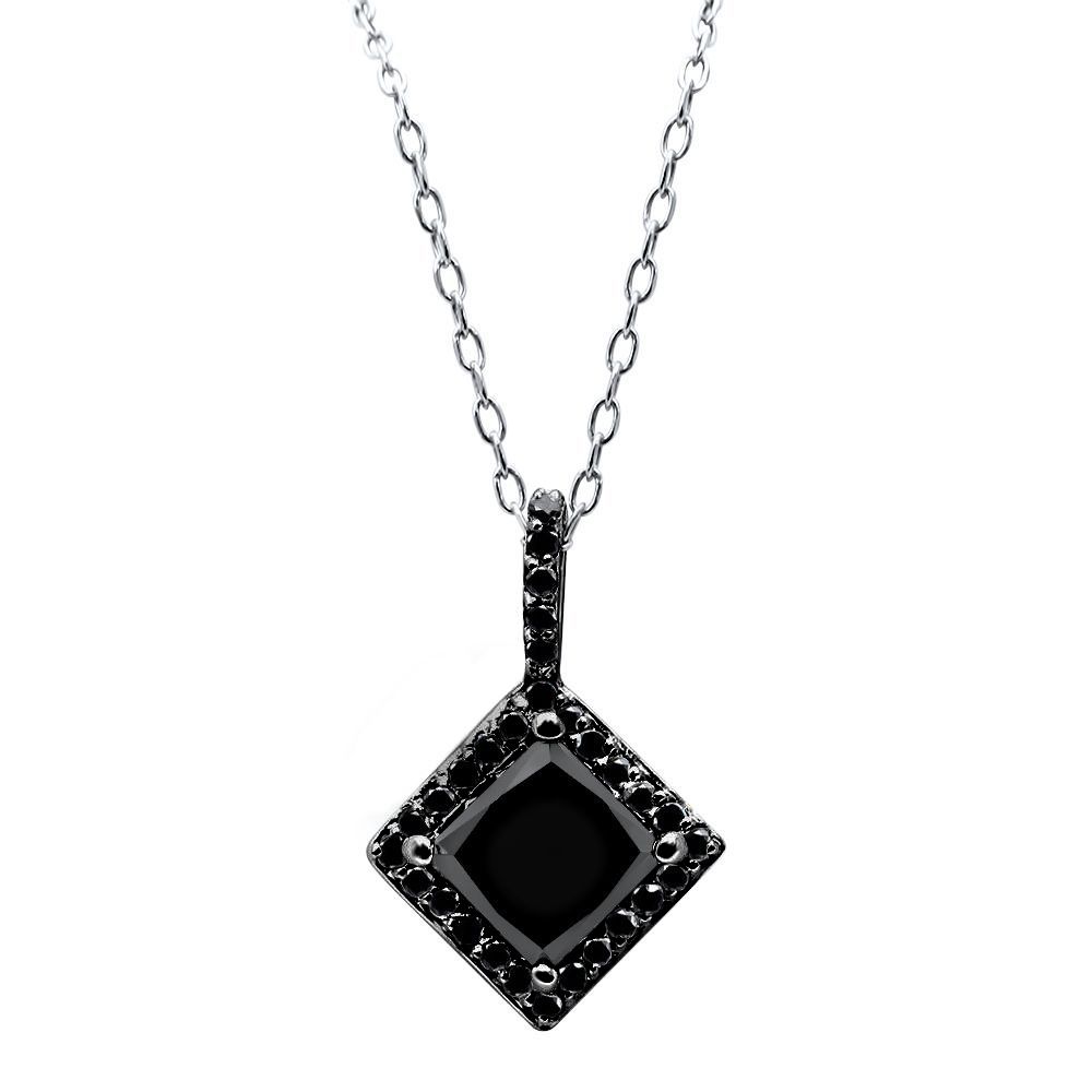 Black diamond pendant necklace on a white background