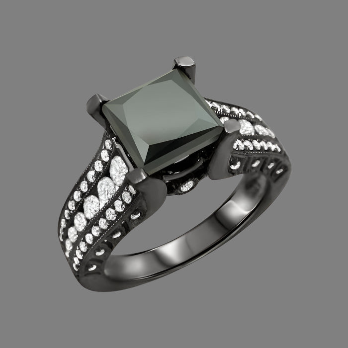 3.40 Carat Black Princess Cut Diamond Engagement Ring 14k Black Gold