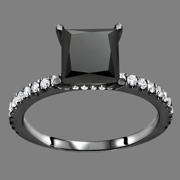 Black Princess Hidden Halo Engagement Ring 14k Black Gold