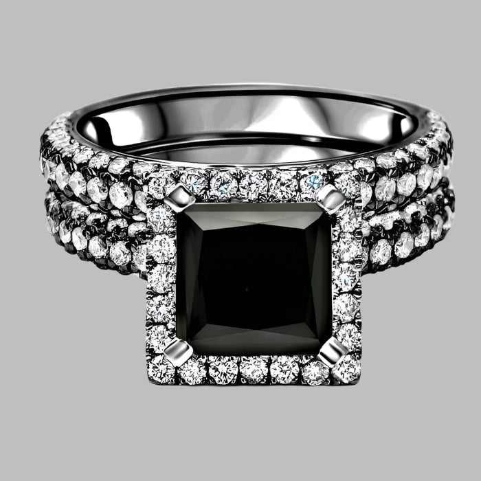 4.60 Carat Black Princess Cut Halo Diamond Engagement Ring Bridal Set 14K Black Gold