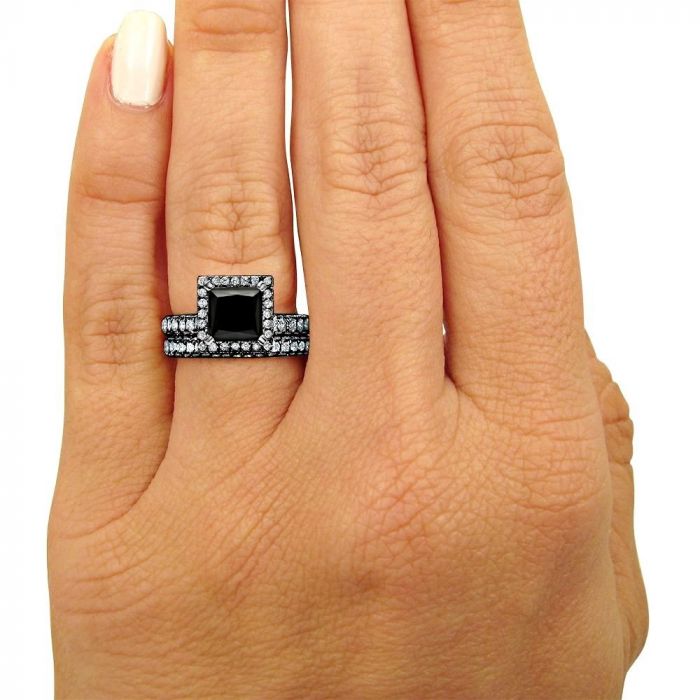 4.60 Carat Black Princess Cut Halo Diamond Engagement Ring Bridal Set 14K Black Gold