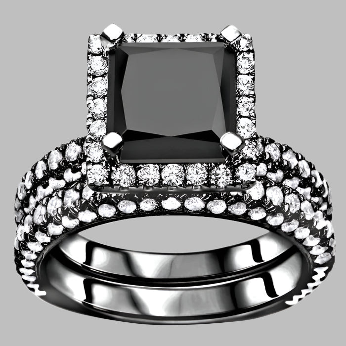 4.60 Carat Black Princess Cut Halo Diamond Engagement Ring Bridal Set 14K Black Gold