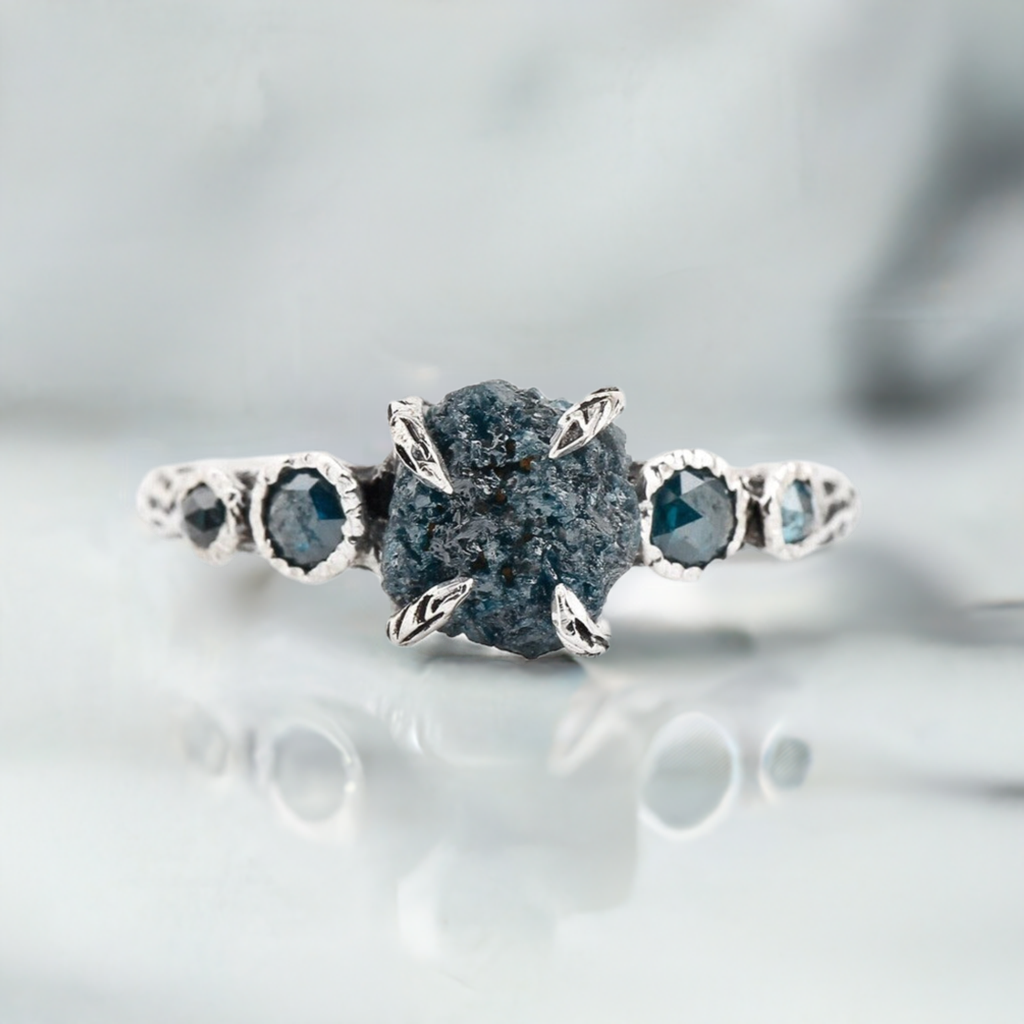 Rough Diamond Engagement Ring, Raw Alternative 5 Stone Natural Blue, 14k Gold Ring - Gift Her