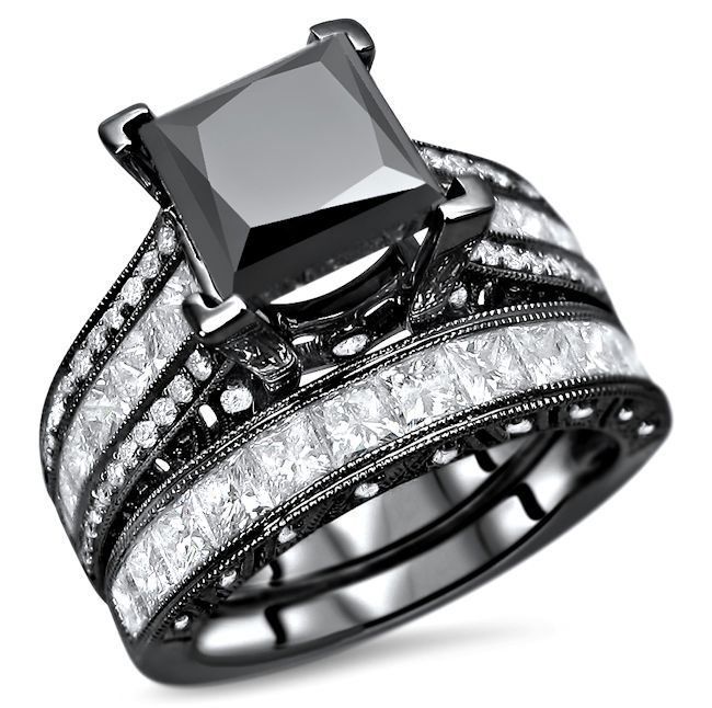 5.50 Carat Black Princess Cut Diamond Engagement Ring Bridal Set 14k Black Gold