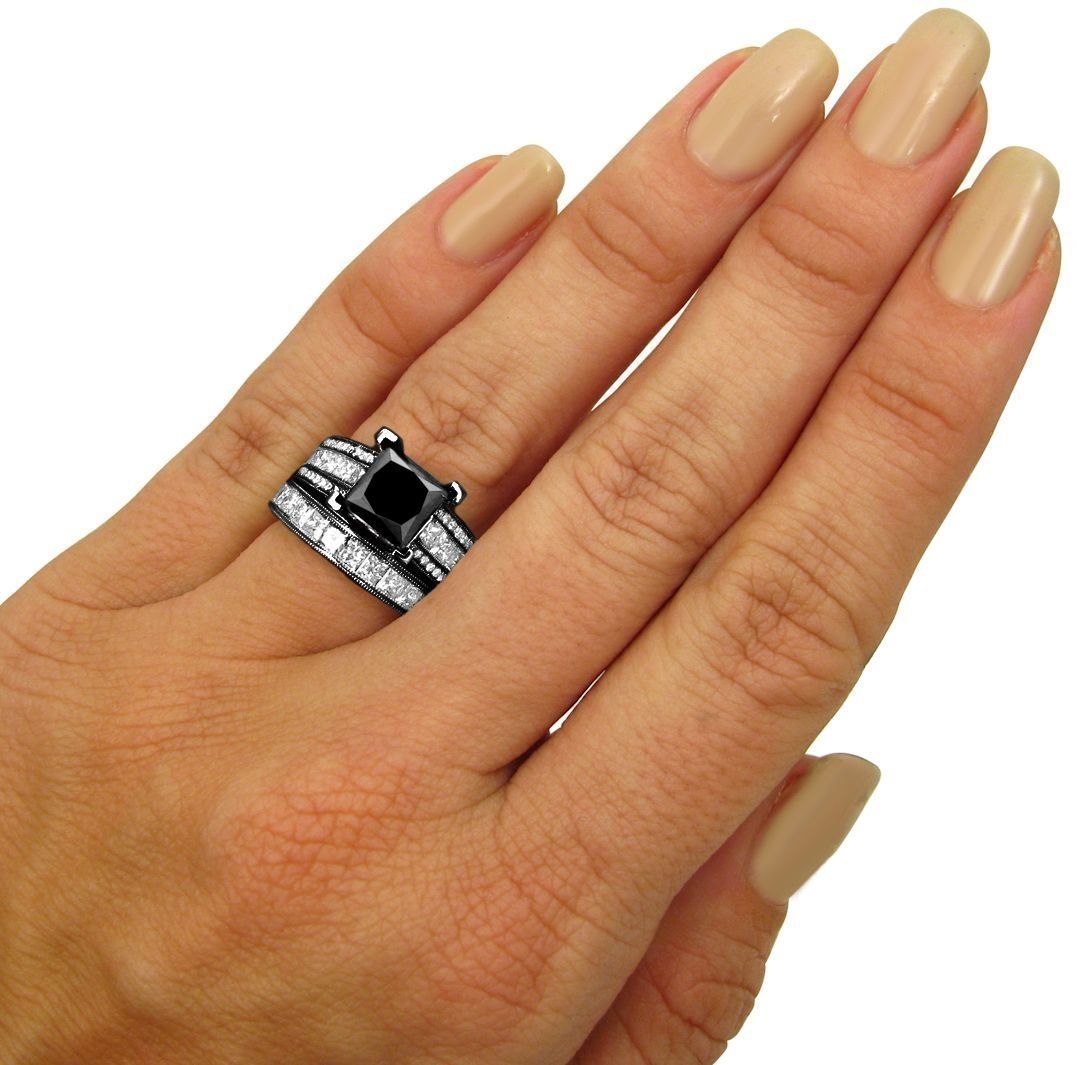 5.50 Carat Black Princess Cut Diamond Engagement Ring Bridal Set 14k Black Gold