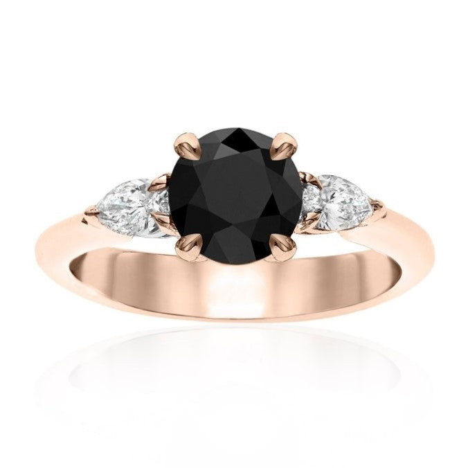 Three Black Diamond Round and Pear Shape Ring - Blackdiamond