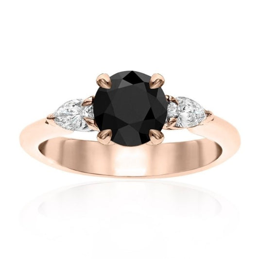 Three Black Diamond Round and Pear Shape Ring - Blackdiamond