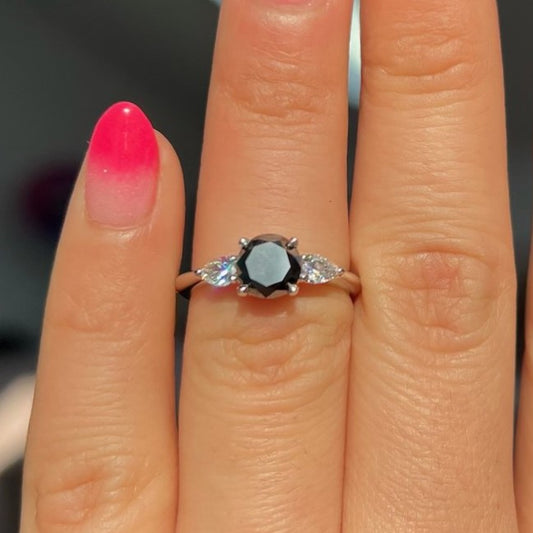 Three Black Diamond Round and Pear Shape Ring - Blackdiamond