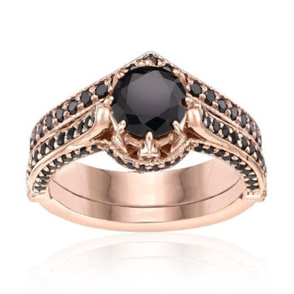 Real Black Diamond Ring 14K Rose Gold Engagement Ring Set