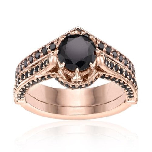Real Black Diamond Ring 14K Rose Gold Engagement Ring Set - Blackdiamond