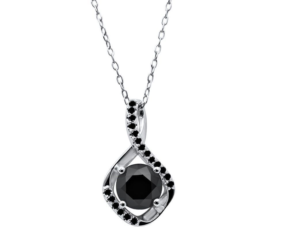 Black gemstone pendant on a silver chain against a white background