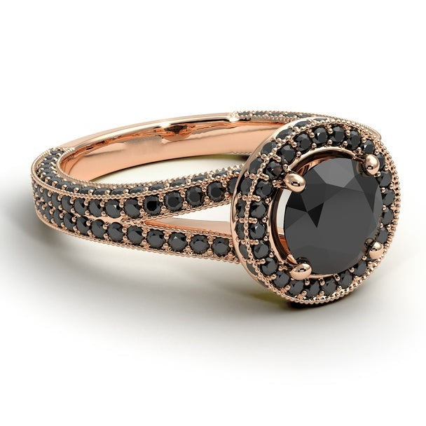 Hidden Halo Round Black Diamond Engagement Ring 14k Gold - Blackdiamond