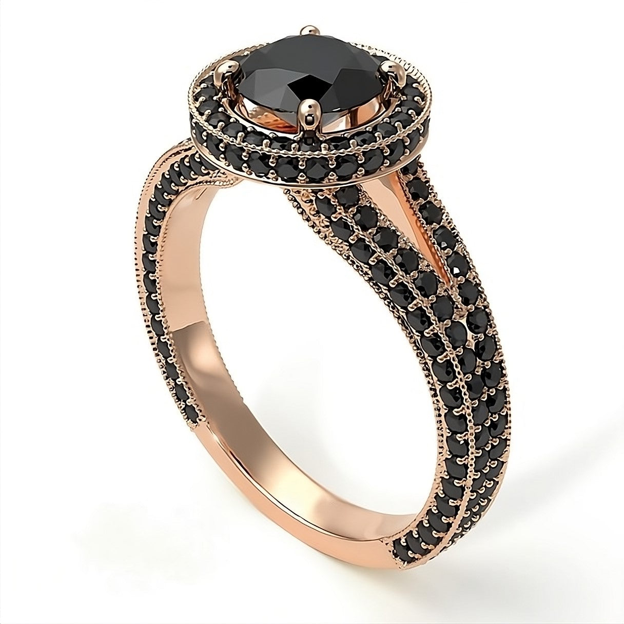 Hidden Halo Round Black Diamond Engagement Ring 14k Gold - Blackdiamond