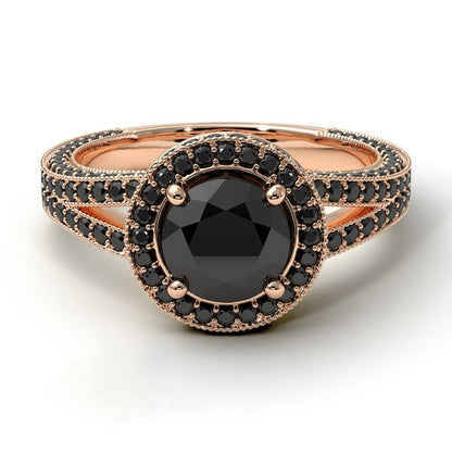 Hidden Halo Round Black Diamond Engagement Ring 14k Gold - Blackdiamond