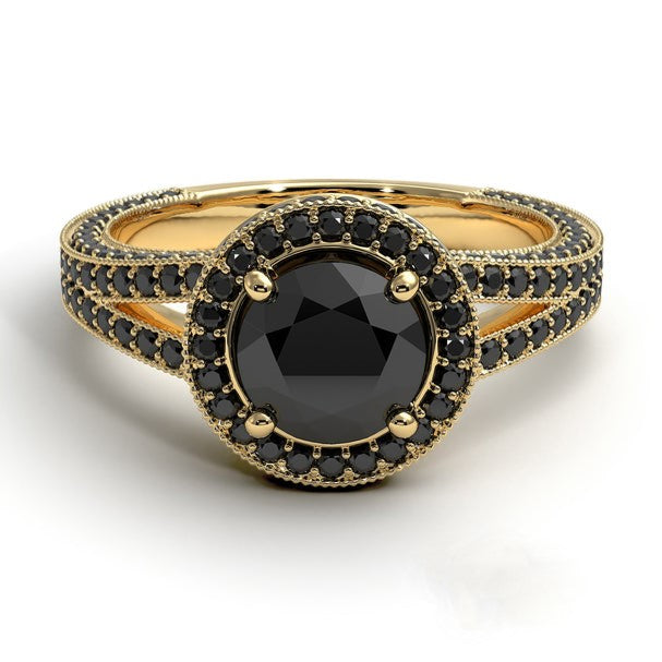 Hidden Halo Round Black Diamond Engagement Ring 14k Gold - Blackdiamond