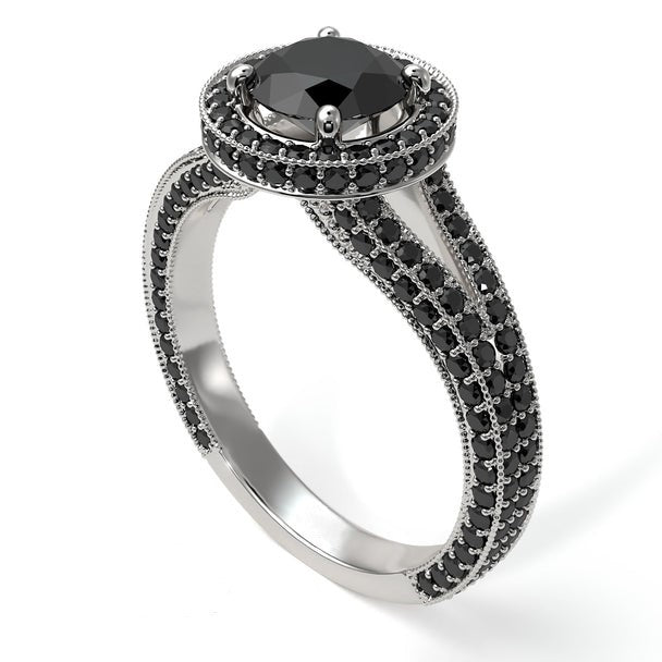 Hidden Halo Round Black Diamond Engagement Ring 14k Gold - Blackdiamond