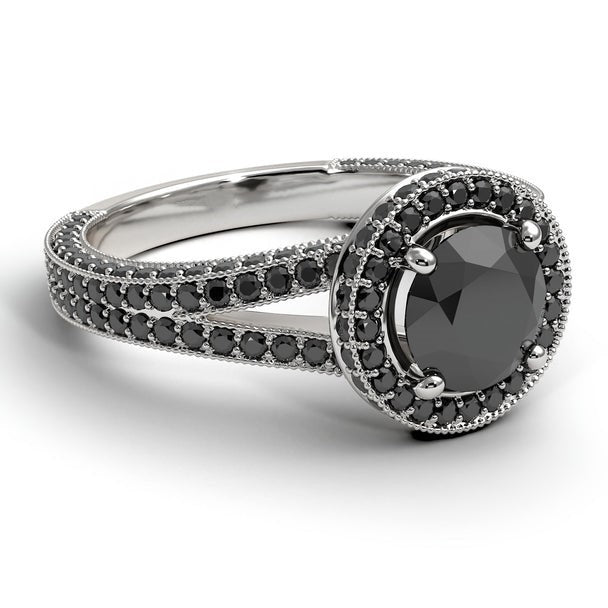 Hidden Halo Round Black Diamond Engagement Ring 14k Gold - Blackdiamond