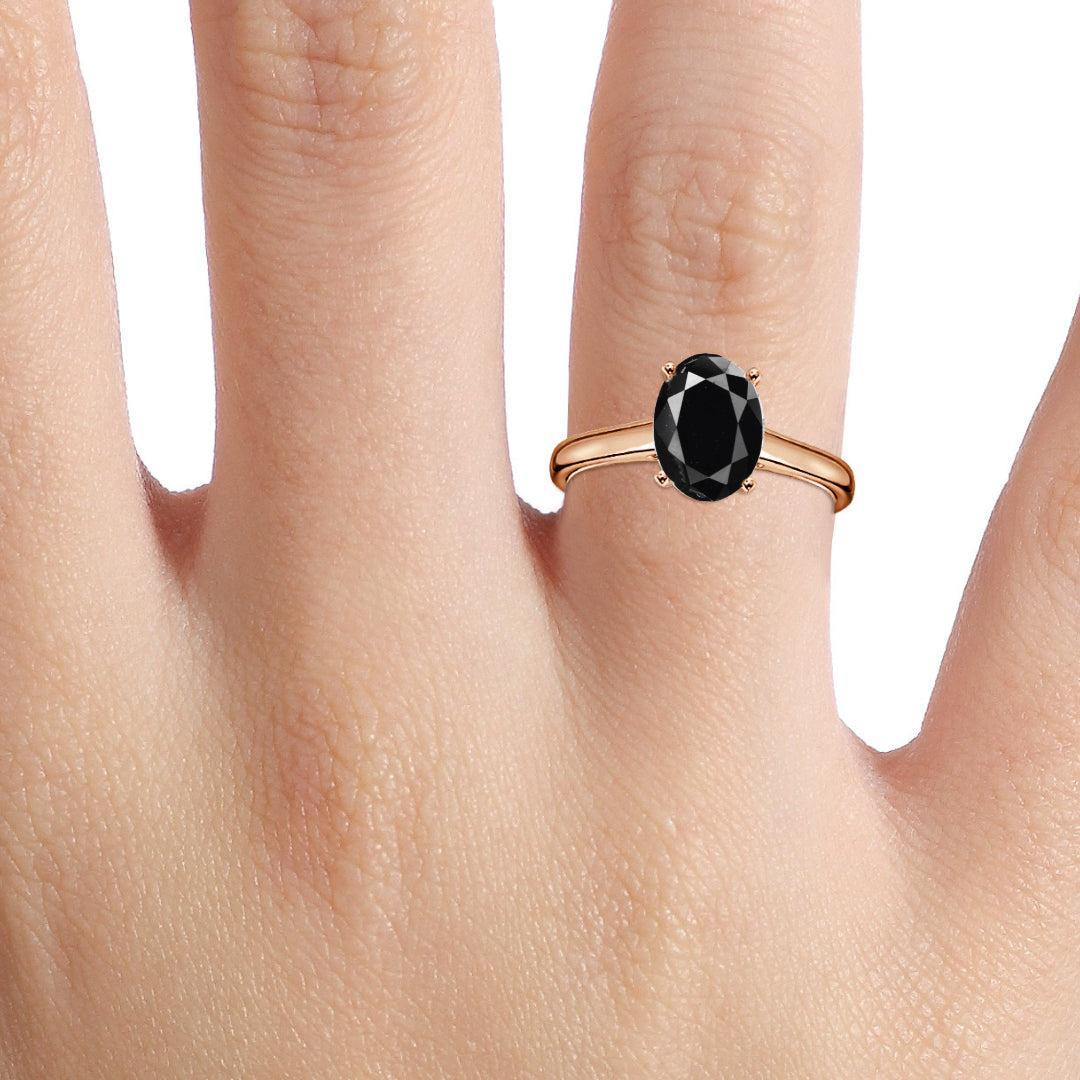 14k Rose Gold Solitaire Oval Natural Black Diamond Ring - Blackdiamond