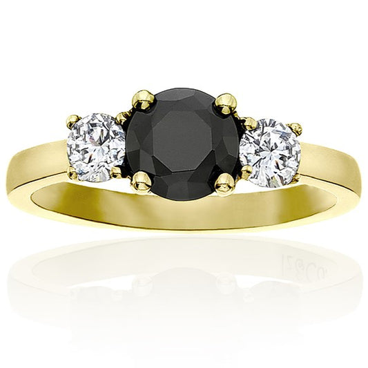 Three Stone Black and White Diamond Ring 14k Yellow Gold - Blackdiamond