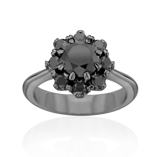 The Bloom Round Black Diamond Halo Engagement Ring 14K Black Gold