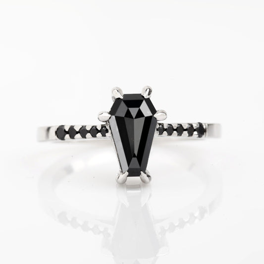 14K Solid Gold Black Natural Diamond Coffin Engagement Ring - Blackdiamond