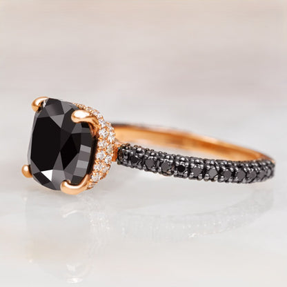 5.20 Carat Hidden Halo Natural Black Diamond Cushion Engagement Ring