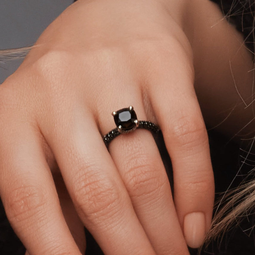 4 Carats Double Hidden Halo Natural Black Diamond Cushion Engagement Ring in 14K White Gold