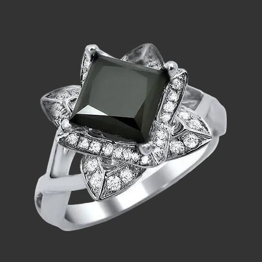 2 Carat Black Princess Cut Lotus Flower Diamond Engagement Ring 14K White Solid Gold