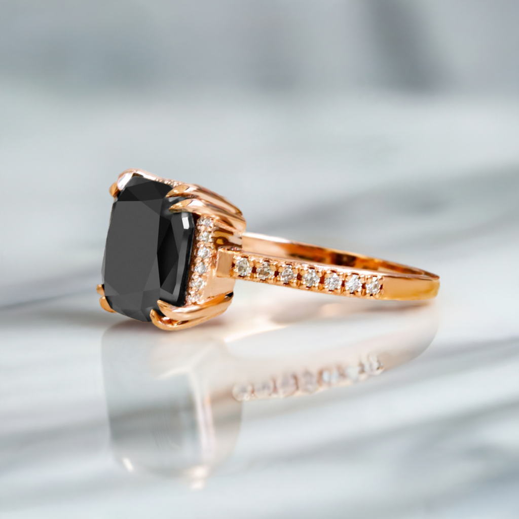 4.50 Carat Cushion Cut Black Diamond Engagement Ring 14K Rose Gold