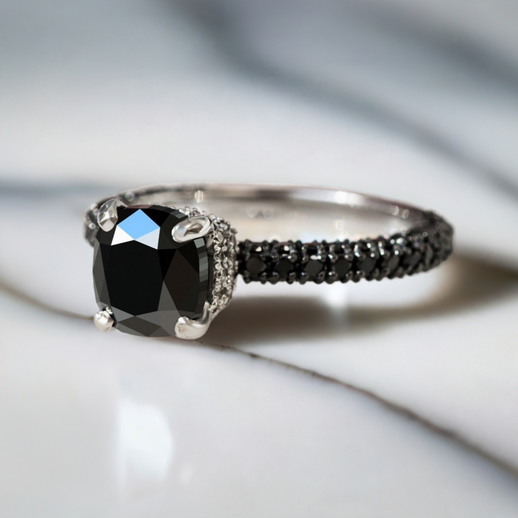 4 Carats Double Hidden Halo Natural Black Diamond Cushion Engagement Ring in 14K White Gold