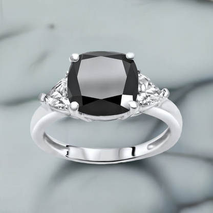 3ct Black Cushion Cut Diamond 3 Stone Trillion White Engagement Ring 14K Solid White Gold