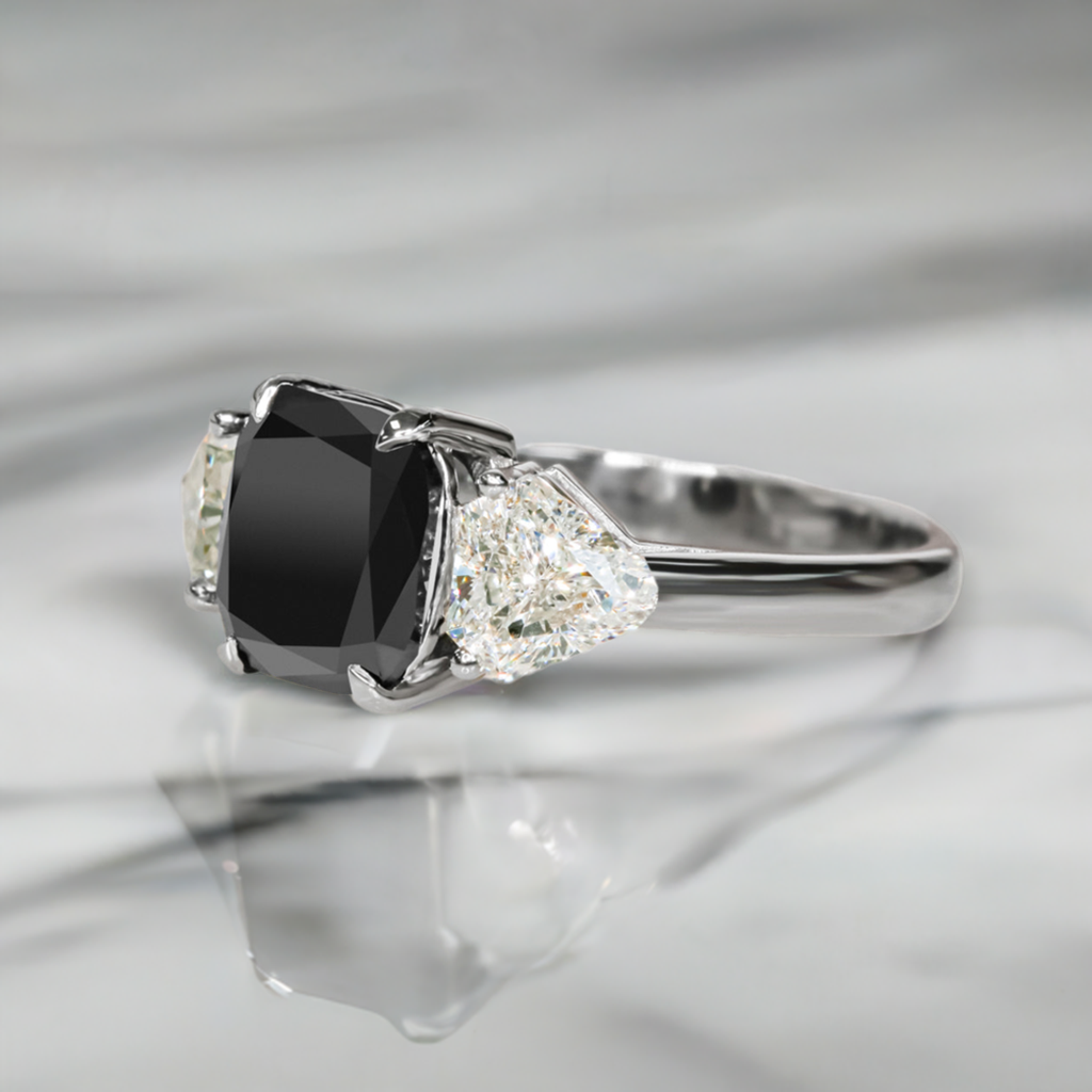 2.30 Carat Three Stone Natural Black Diamond Cushion Engagement Ring