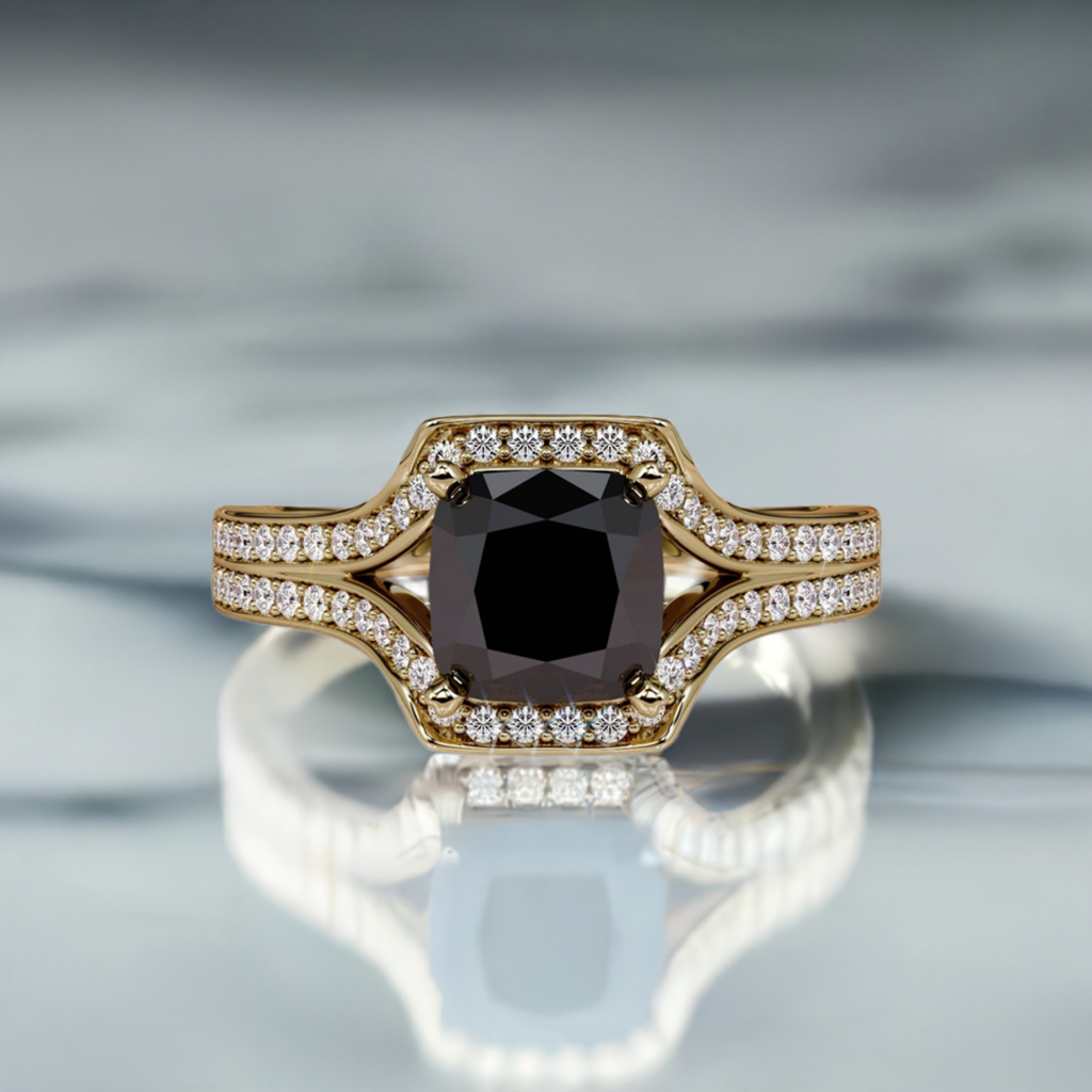 4 Carat Natural Black Diamond Cushion Engagement Ring 14K Gold