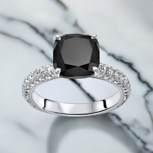 3.50 Carat Cushion Cut Black Diamond Pave Engagement Ring 14K Solid White Gold