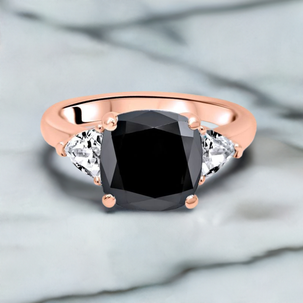 3ct Black Cushion Cut Diamond 3 Stone Trillion White Engagement Ring 14K Solid White Gold