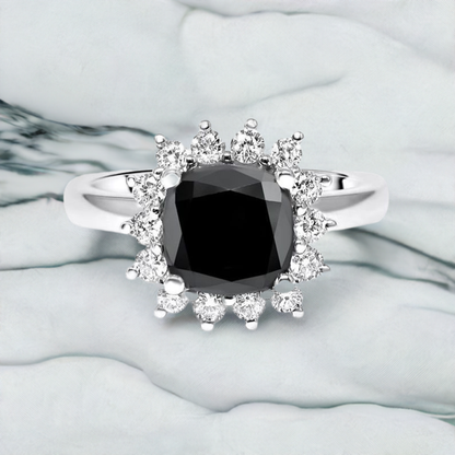 1.80 Carat Black Cushion Cut Diamond Engagement Ring 14K Solid White Gold