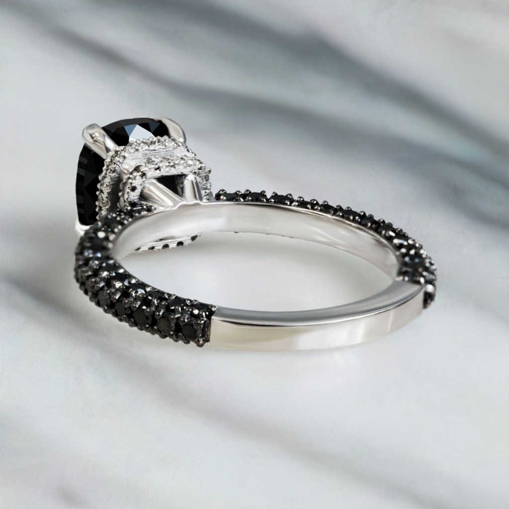 4 Carats Double Hidden Halo Natural Black Diamond Cushion Engagement Ring in 14K White Gold