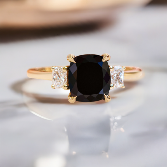 3.50 Carats Three Stone Natural Black Diamond Cushion Engagement Ring in 14K Yellow Gold