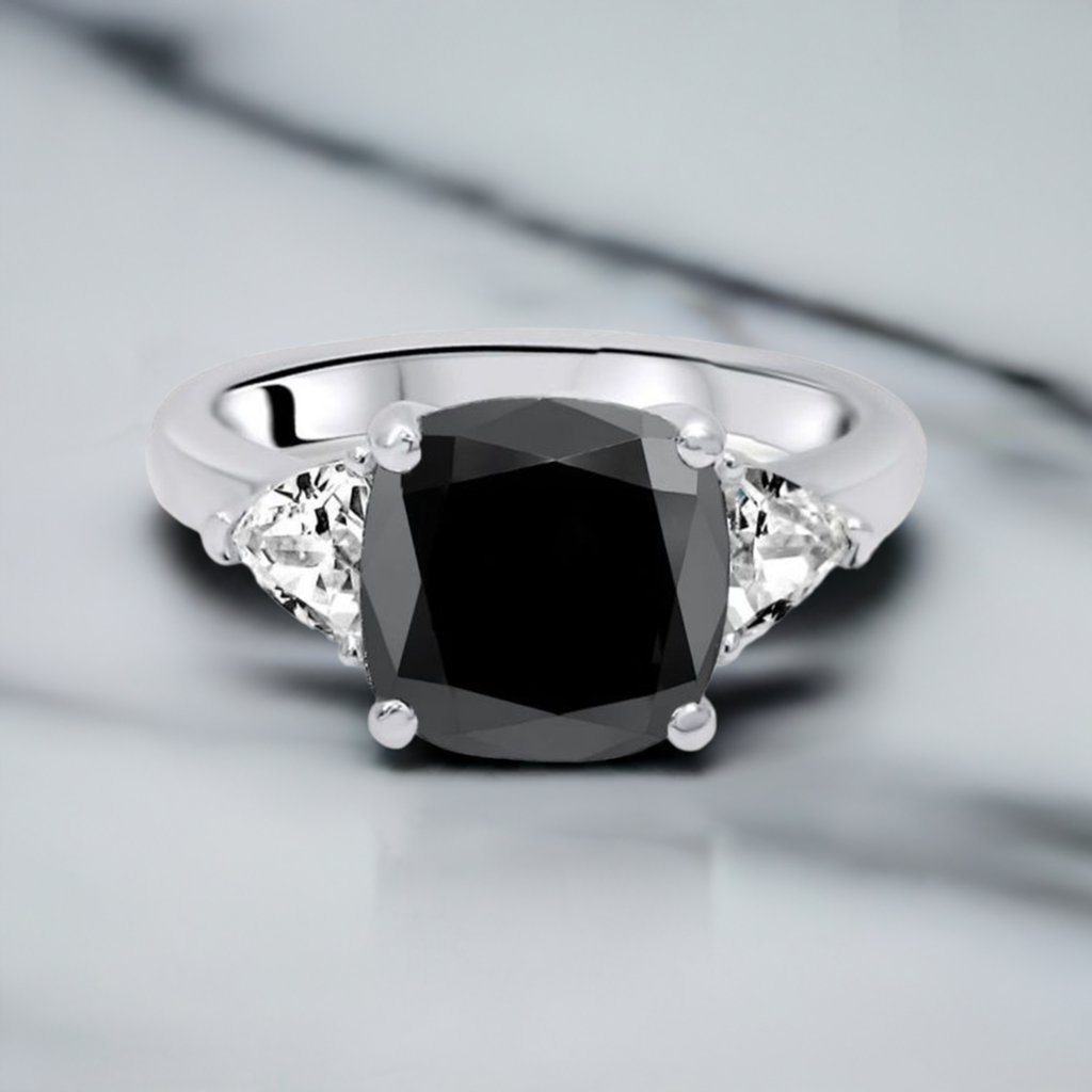 3ct Black Cushion Cut Diamond 3 Stone Trillion White Engagement Ring 14K Solid White Gold