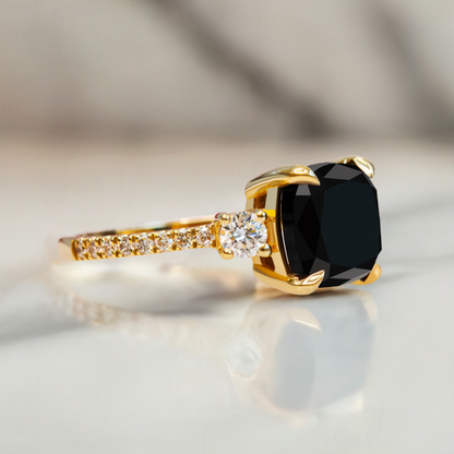 5.10 Carat Three Stone Natural Black Diamond Cushion Engagement Ring 14K Yellow Gold