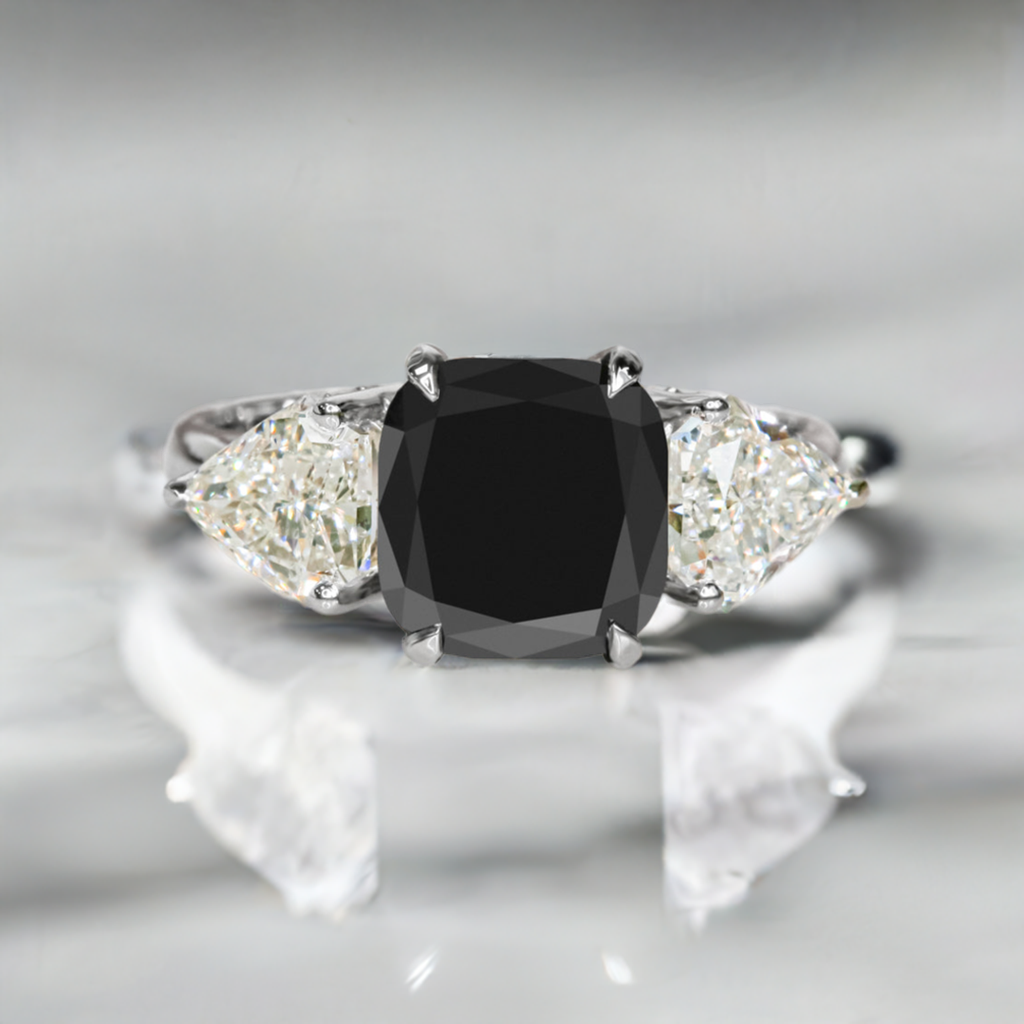 2.30 Carat Three Stone Natural Black Diamond Cushion Engagement Ring