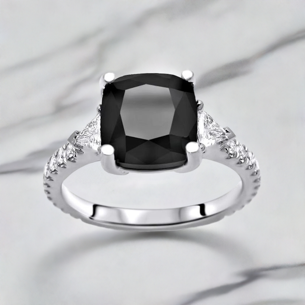 3.50ct Black 3 Stone Cushion Cut 3 Stone Trillion Diamond Engagement Ring 14K Solid White Gold