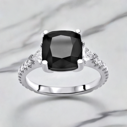 3.50ct Black 3 Stone Cushion Cut 3 Stone Trillion Diamond Engagement Ring 14K Solid White Gold