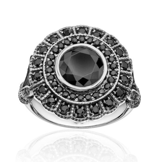 Nile Double Halo Black Diamond Ring 14k White Gold